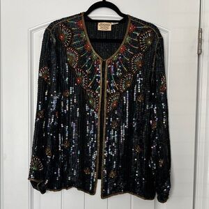 Vintage Simonia Black Sequin Jacket with Multicolored Beading